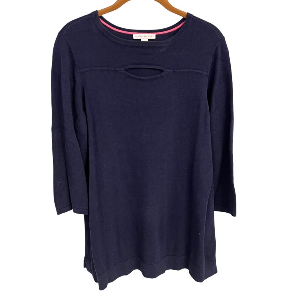 Isaac Mizrahi Live Navy Blue Tunic Sweater Top M 3/4 Sleeve Cotton Rayon Blend